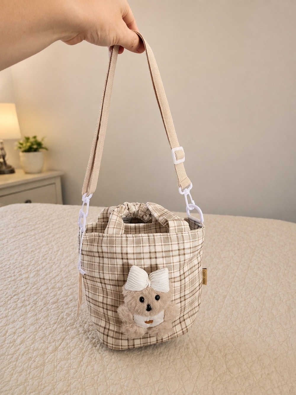 Plush Bear Plaid Bucket Bag in Beige